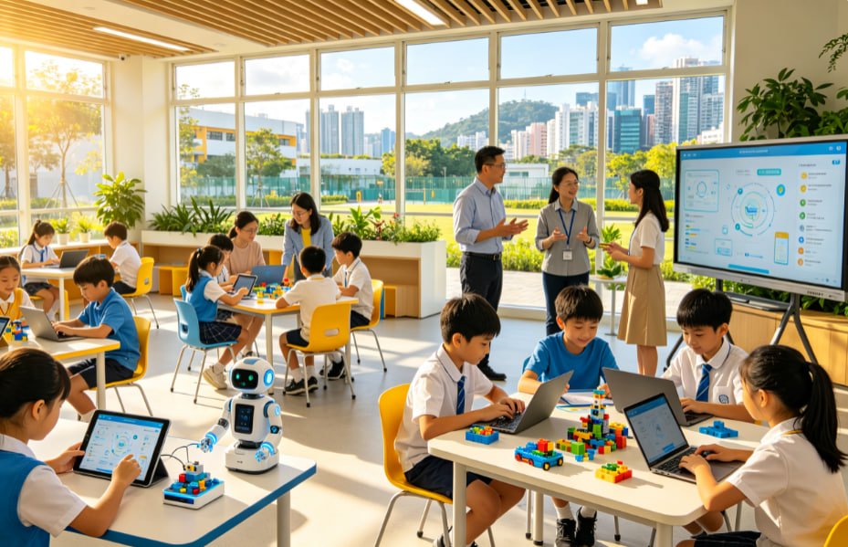 學生在明亮課室使用平板電腦學習